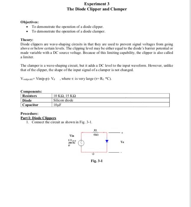 Solved Experiment 3 The Diode Clipper and Clamper