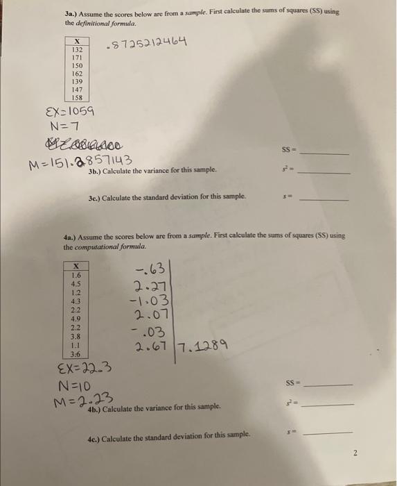 Solved 3a.) Assume the scores below are from a sample. First | Chegg.com