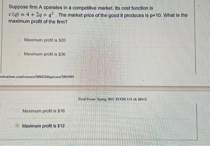 Solved Suppose firm A operates in a competitive market. Its | Chegg.com