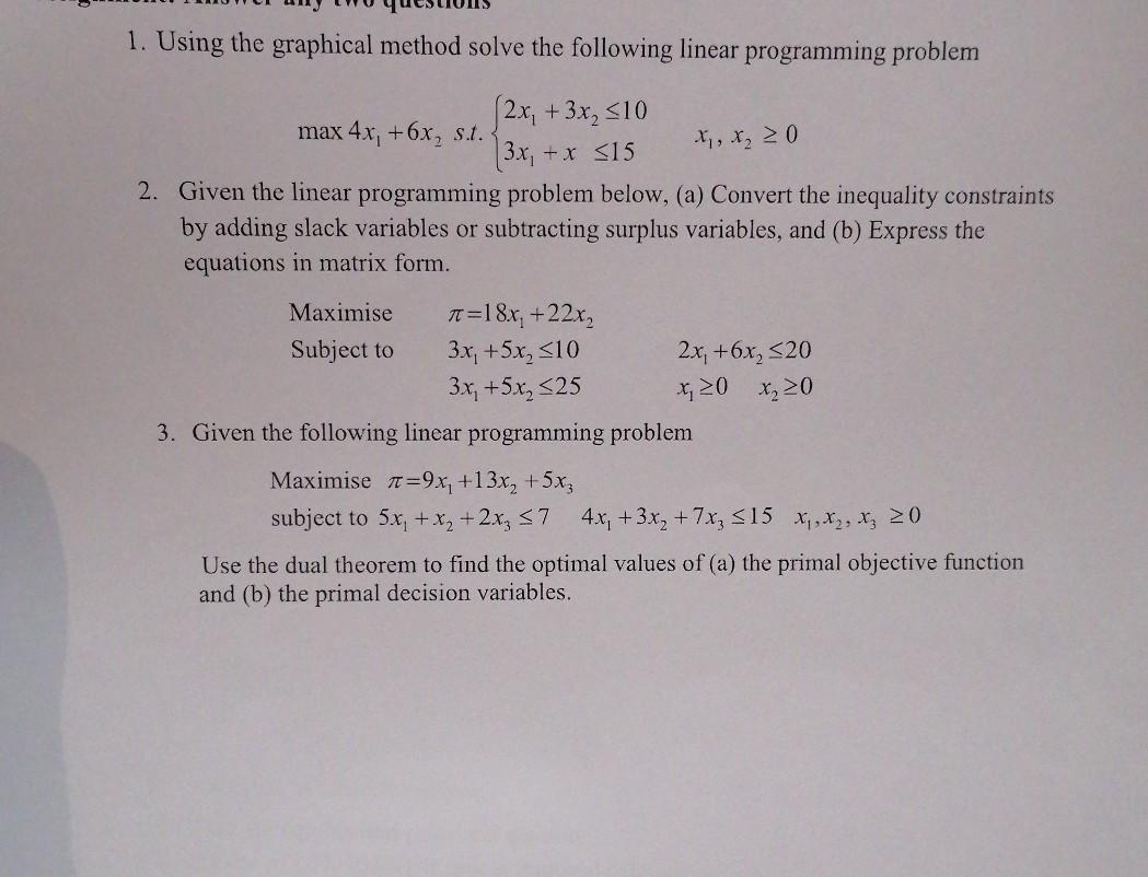 Solved 1. Using the graphical method solve the following | Chegg.com