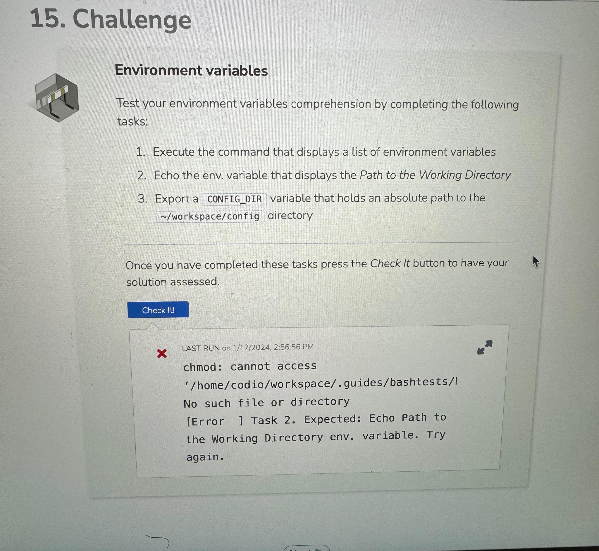 Solved ChallengeEnvironment variablesTest your environment | Chegg.com