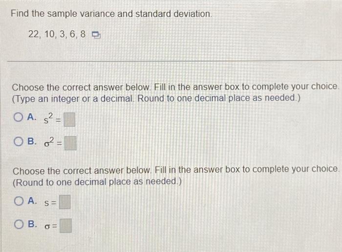 Solved Find the sample variance and standard deviation. | Chegg.com