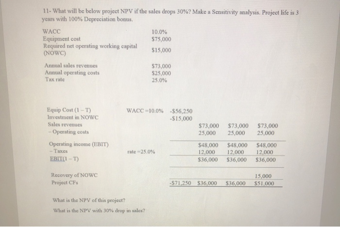 Solved 11. What will be below project NPV if the sales drops | Chegg.com