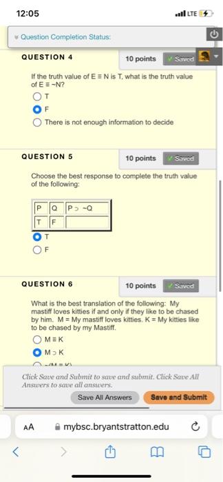 Choose the best response to complete the truth value | Chegg.com