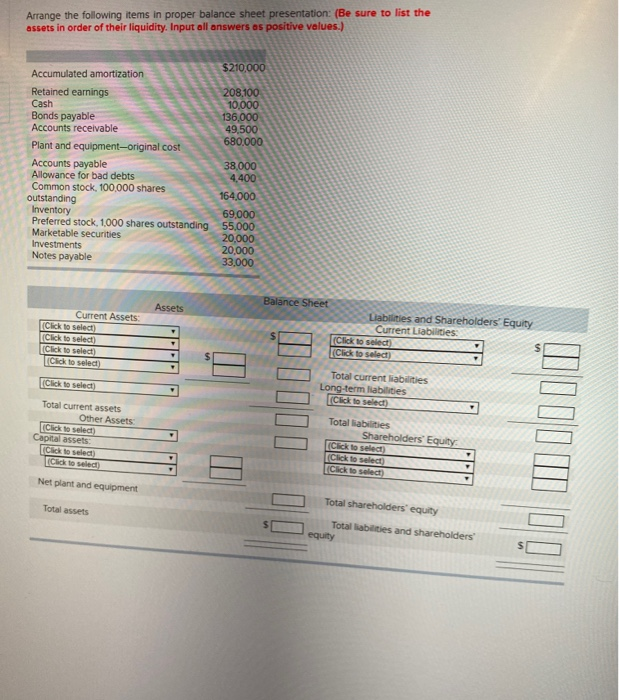 Solved Arrange the following items in proper balance sheet | Chegg.com