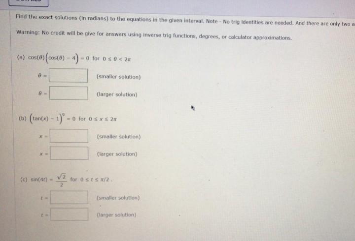 Solved Find the exact solutions (in radians) to the | Chegg.com