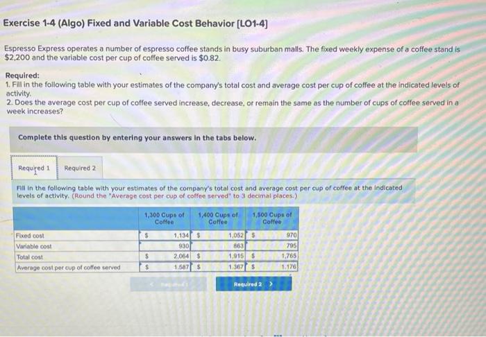 Solved Exercise 1-4 (Algo) Fixed And Variable Cost Behavior | Chegg.com