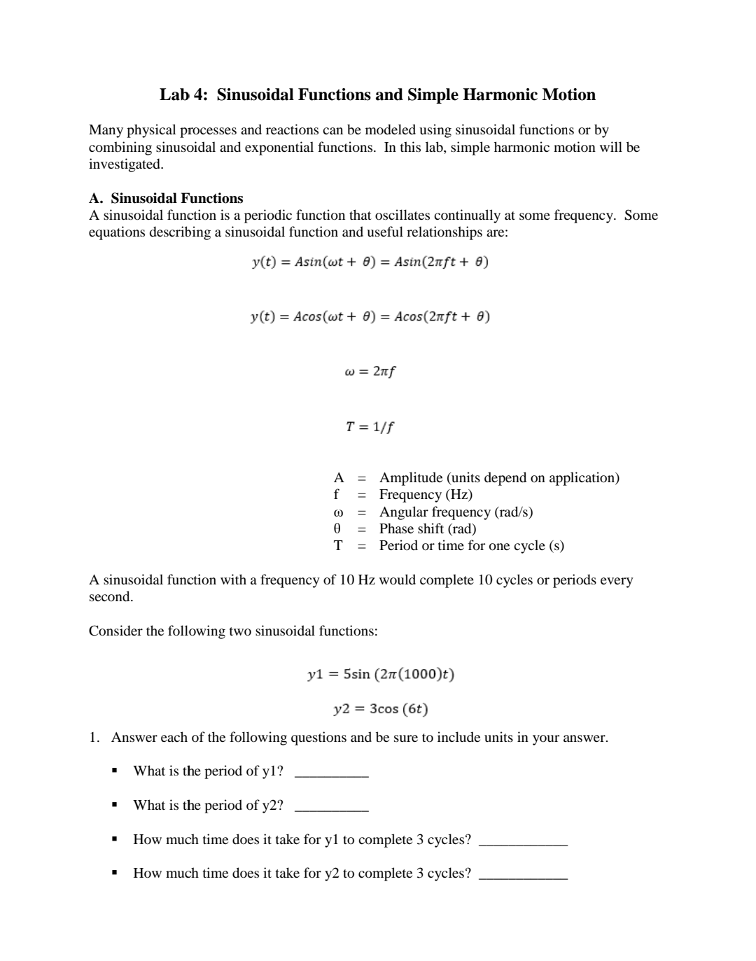 Solved Lab 4: Sinusoidal Functions And Simple Harmonic | Chegg.com