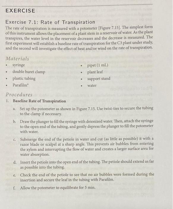 Solved EXERCISE Exercise 7.1 Rate of Transpiration The rate