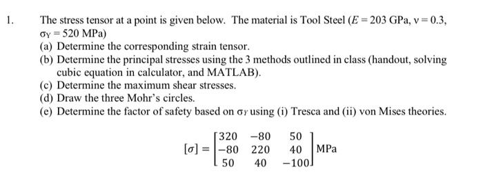 Solved 1. The stress tensor at a point is given below. The | Chegg.com