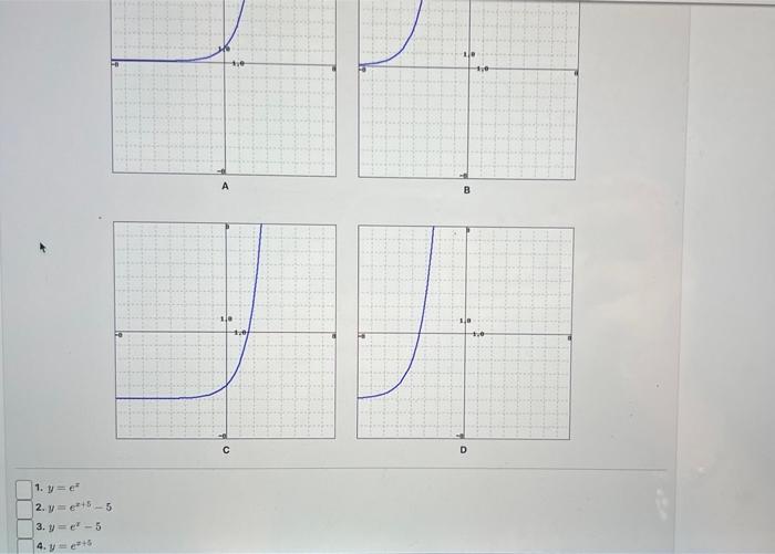 \( y=e^{z} \) \( y=e^{x+5}-5 \) \( y=e^{x}-5 \) \( y=e^{z+5} \)