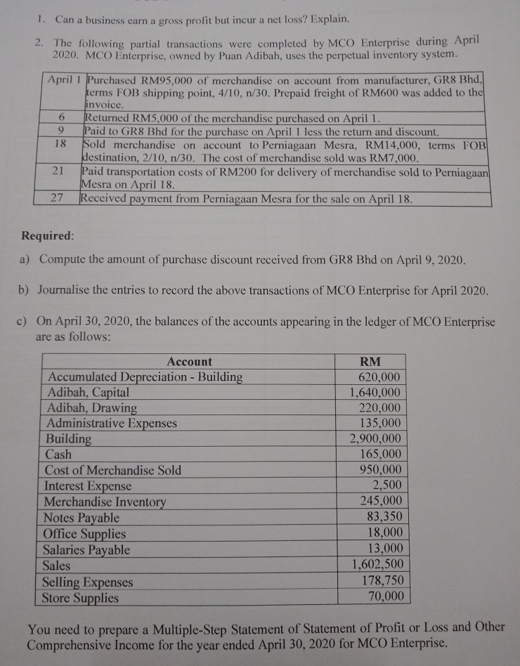 Solved 1. Can a business earn a gross profit but incur a net