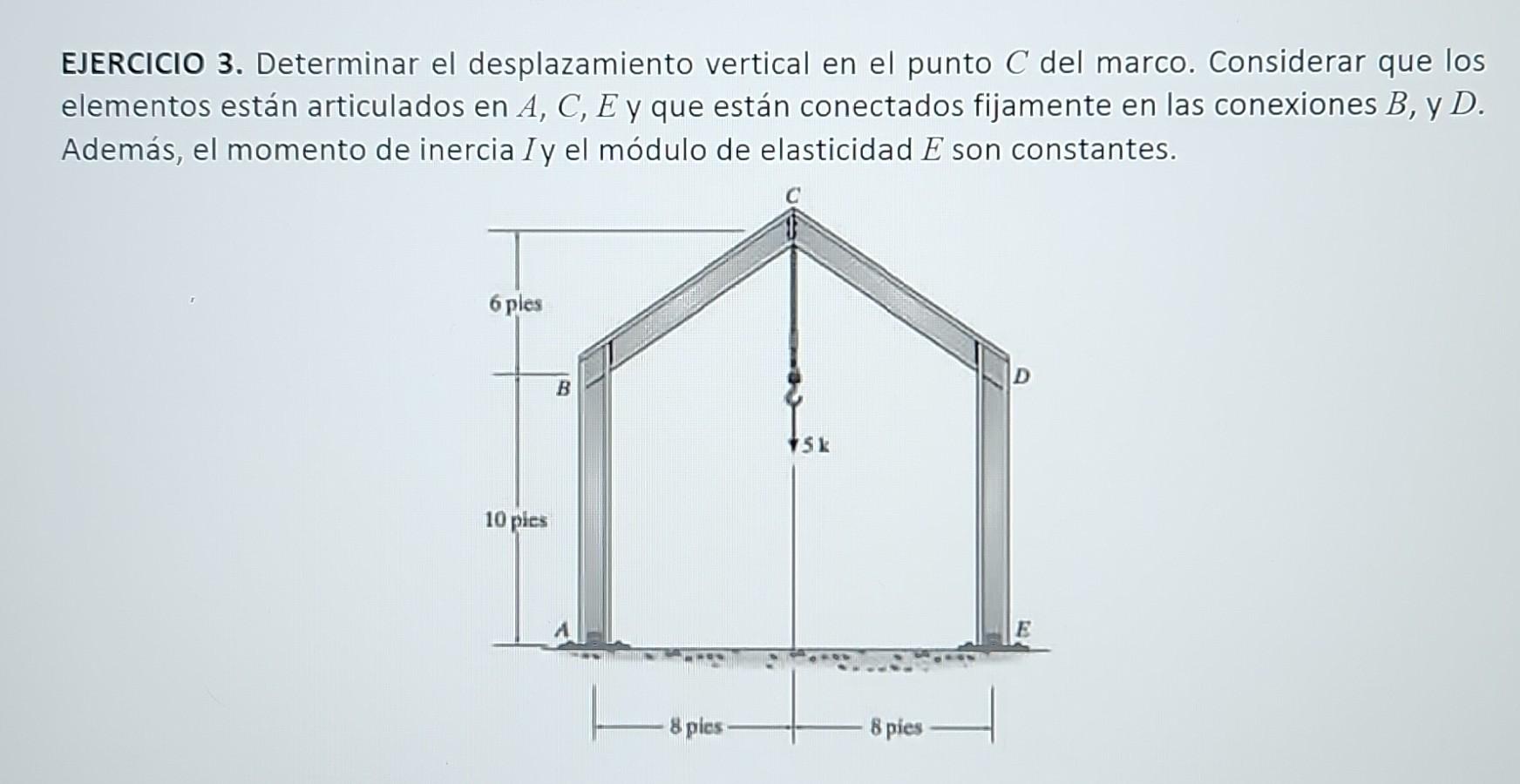 EJERCICIO 3. Determinar el desplazamiento vertical en el punto \( C \) del marco. Considerar que los elementos están articula