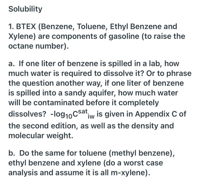 Solved Solubility 1. BTEX (Benzene, Toluene, Ethyl Benzene | Chegg.com