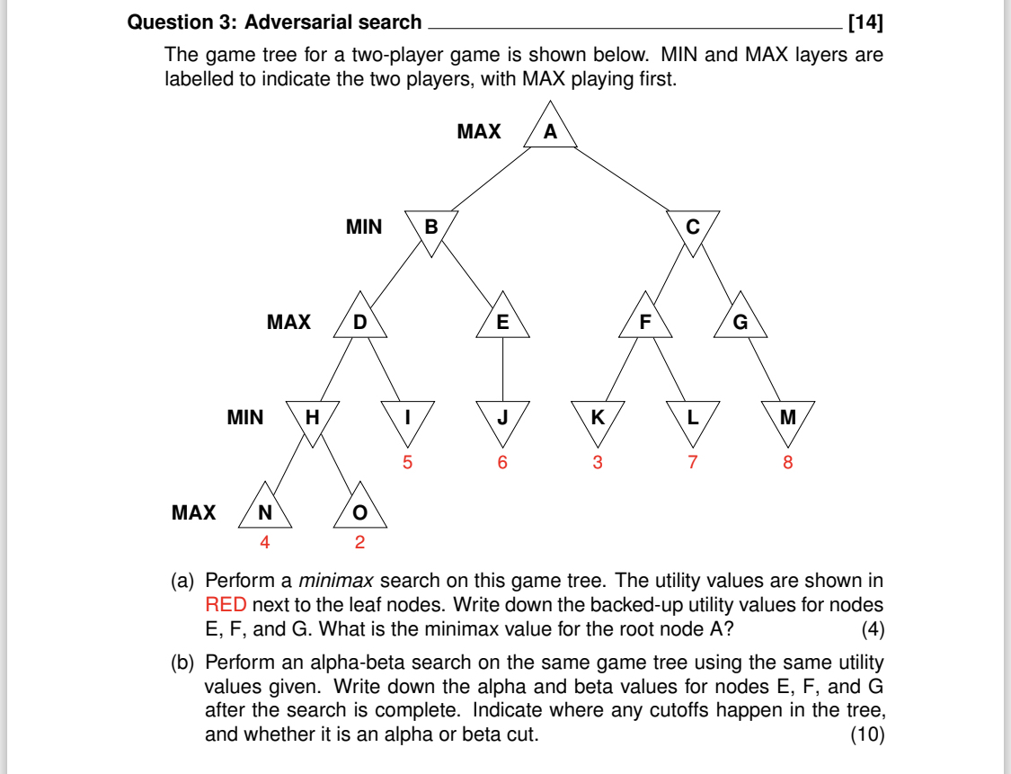 Solved Question 3: Adversarial search[14]The game tree for a | Chegg.com