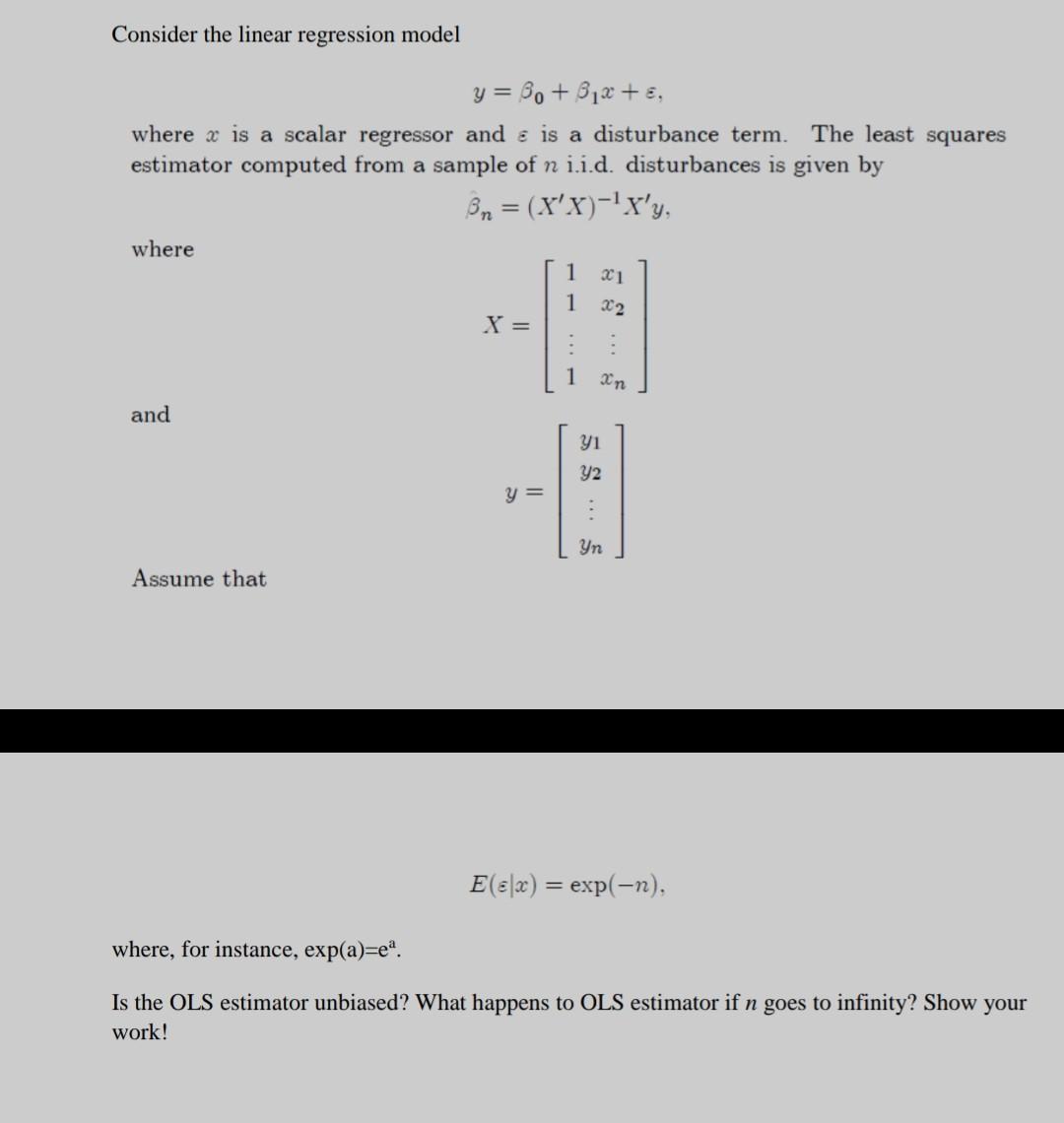 Solved Consider the linear regression model y= Bo + 312 + | Chegg.com