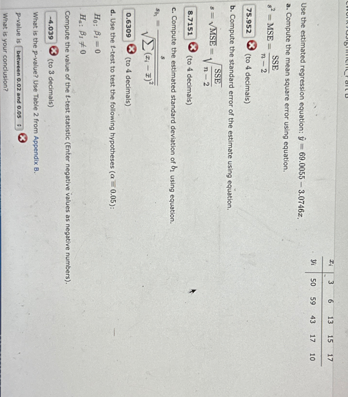 Solved \table[[xi,3,6,13,15,17],[yi,50,59,43,17,10]]Use the | Chegg.com