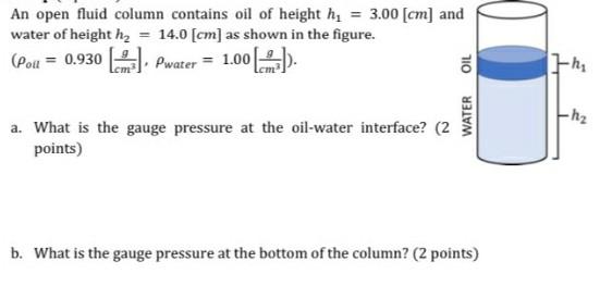 Solved An open fluid column contains oil of height hy = 3.00 | Chegg.com