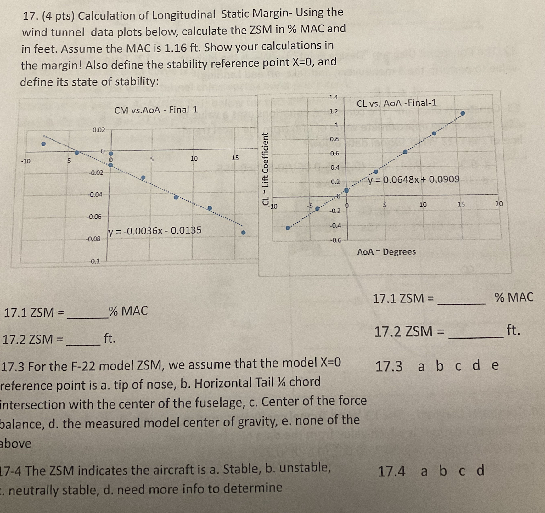 (4 ﻿pts) ﻿Calculation of Longitudinal Static Margin- | Chegg.com