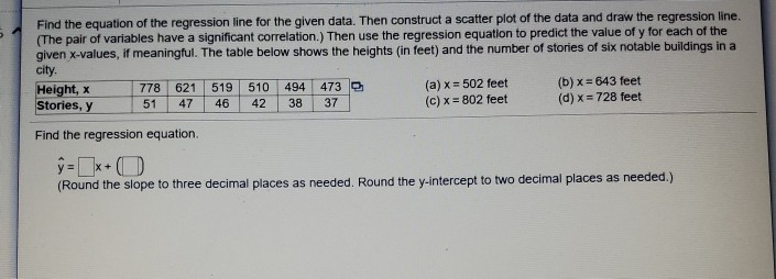 Solved Find the equation of the regression line for the | Chegg.com
