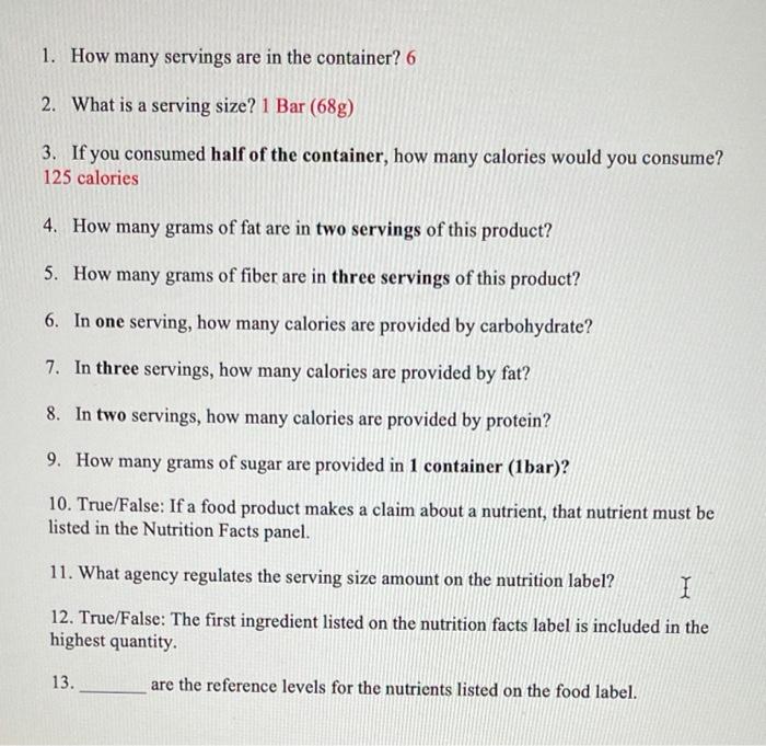 food label calculations assignment