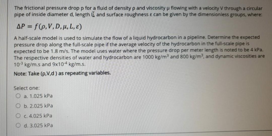 Solved The frictional pressure drop p for a fluid of density | Chegg.com