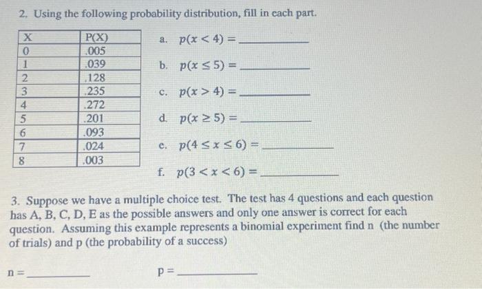 Solved 2. Using the following probability distribution, fill | Chegg.com