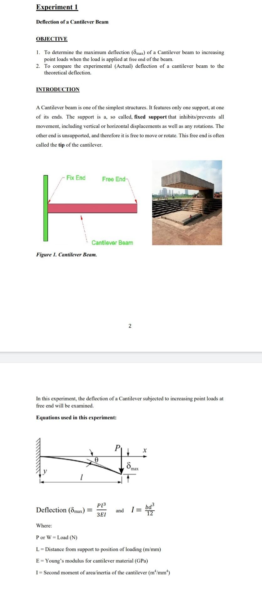 deflection of cantilever beam experiment theory