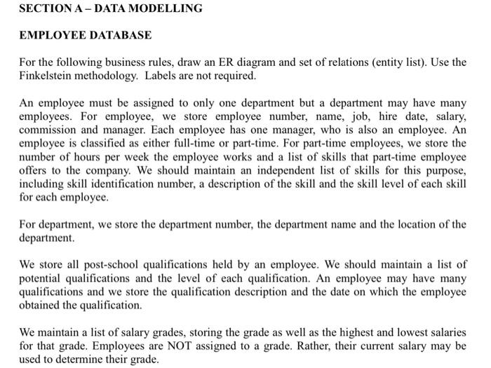 Solved SECTION A-DATA MODELLING EMPLOYEE DATABASE For the | Chegg.com