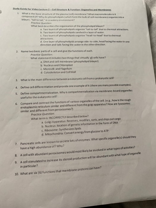 Solved Study Guide for Video Lecture 2-Cell Structure & | Chegg.com
