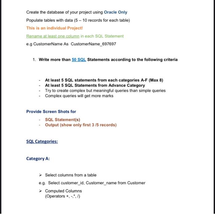 Solved Create the database of your project using Oracle Only | Chegg.com