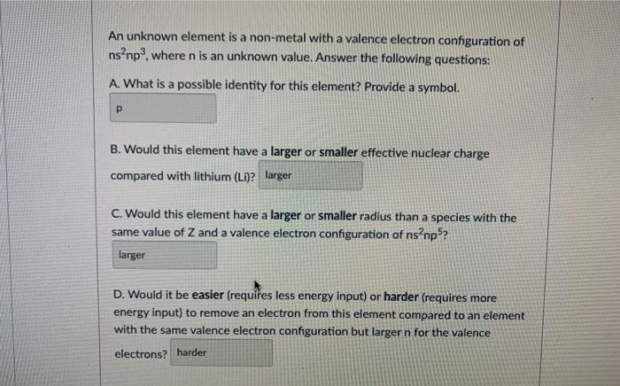 Solved An unknown element is a non-metal with a valence | Chegg.com