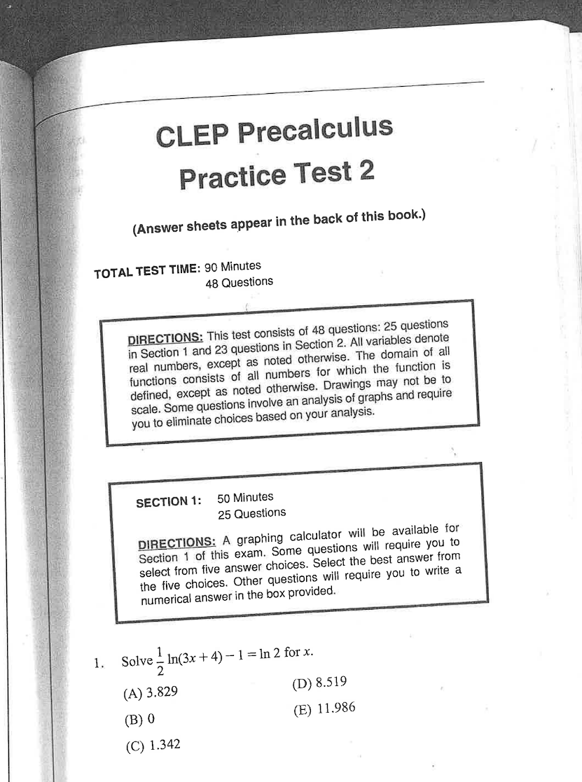 Solved CLEP PrecalculusPractice Test 2(Answer sheets appear | Chegg.com