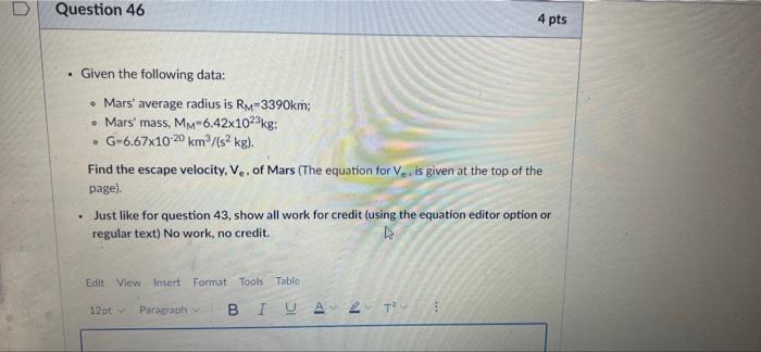 Solved D Question 46 4 pts Given the following data: . Mars' | Chegg.com