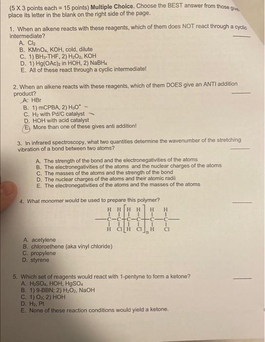 Solved (5 ×3 Points Each =15 Points) Multiple Choice. Choose | Chegg.com