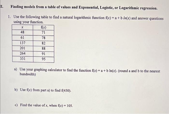 Finding models from a table of values and Exponential, Logistic, or Logarithmic regression.
1. Use the following table to fin