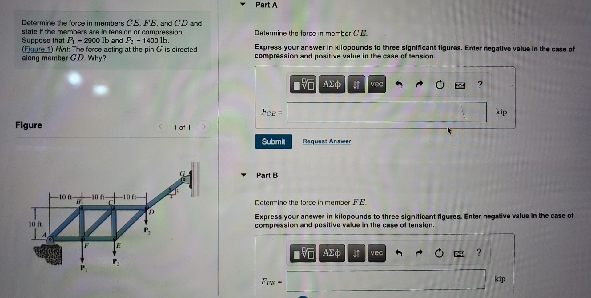 Solved Determine the force in members CE,FE, and CD and | Chegg.com