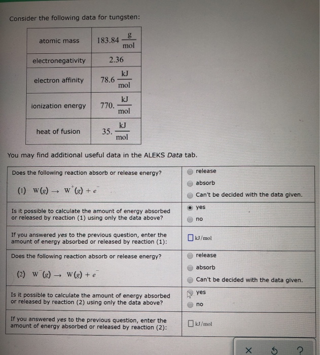 Solved Consider the following data for tungsten atomic mass