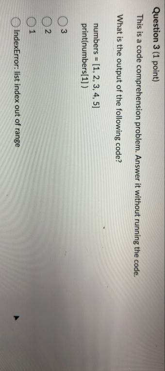 Solved Question 3 (1 ﻿point)This is a code comprehension | Chegg.com