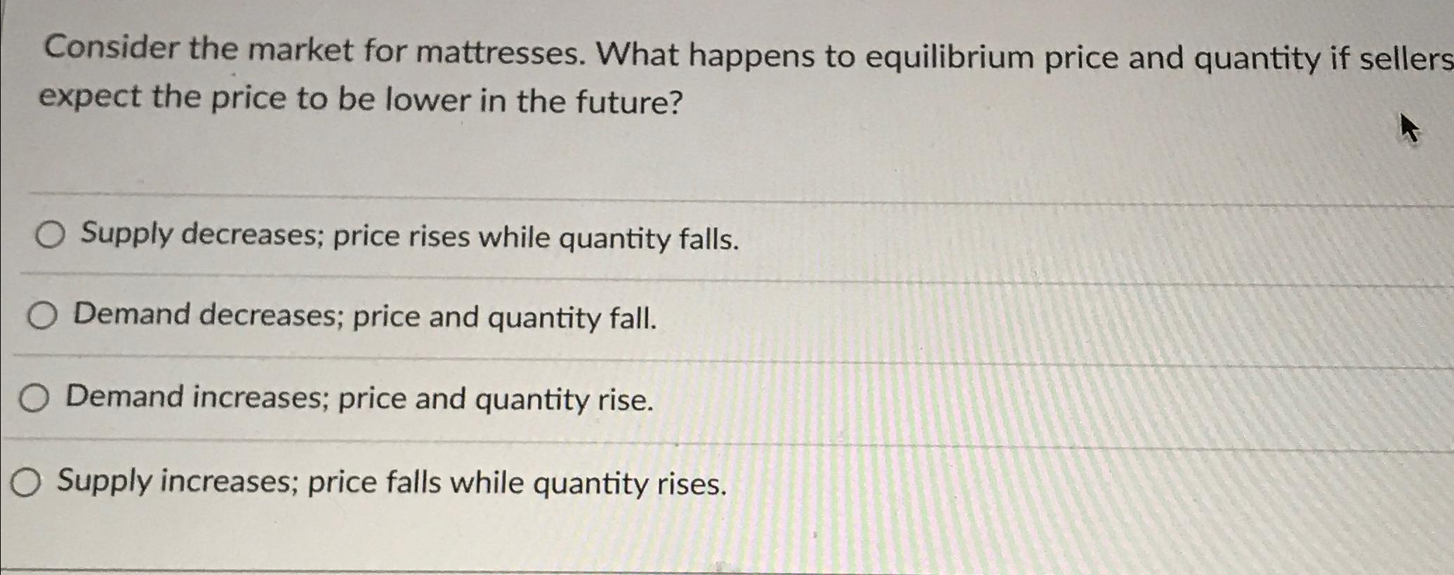 Solved Consider the market for mattresses. What happens to