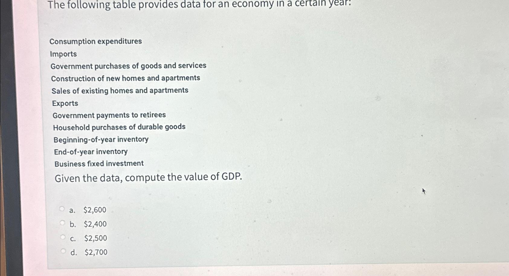 Solved The following table provides data for an economy in a | Chegg.com