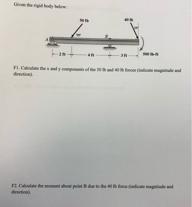 Solved Given the rigid body below: 50 lb 40 lb |--2f- 4ft | Chegg.com