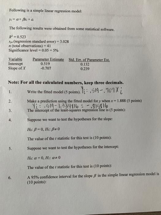 Solved Following is a simple linear regression model: y = a+ | Chegg.com