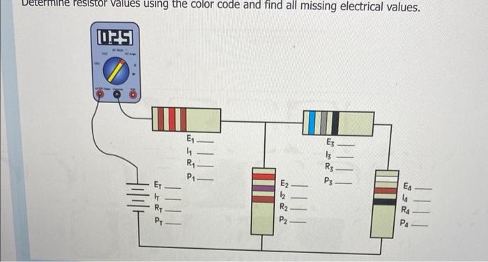Determine resistor values using the color code and find all missing electrical values.