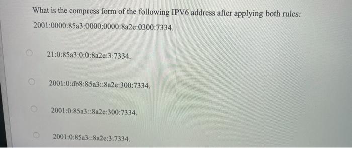 Solved What is the compress form of the following IPV6 | Chegg.com