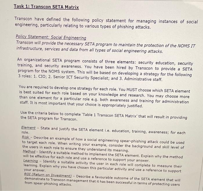 Task 1: Transcon SETA Matrix Transcon have defined | Chegg.com