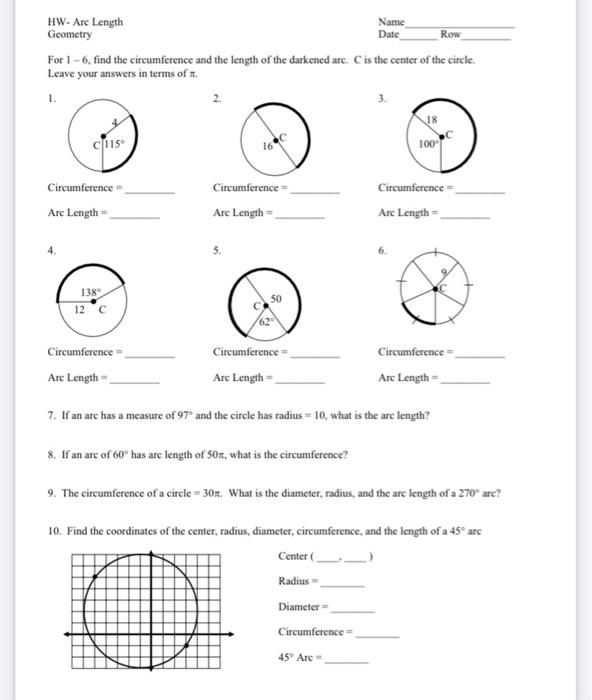 Solved Name Date Row HW-Arc Length Geometry For 1 - 6, find | Chegg.com