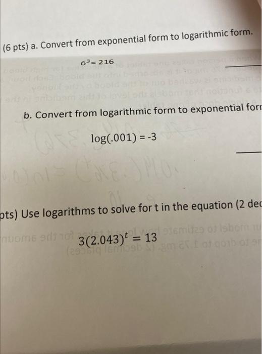 Solved (6 pts) a. Convert from exponential form to | Chegg.com image.