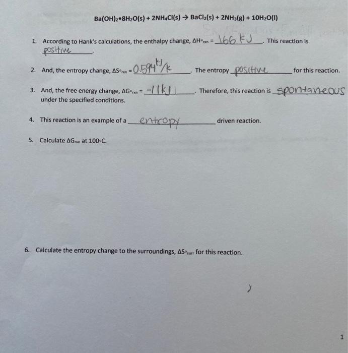 Solved Ba(OH)2.8H2O(s) + 2NH4Cl(s) → BaCl2(s) + 2NH3(g) + | Chegg.com