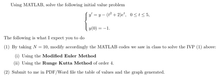 Using MATLAB, solve the following initial value problem ( g = - (tº + 2)e, 0<t <5, (y(0) = -1 The following is what I expect